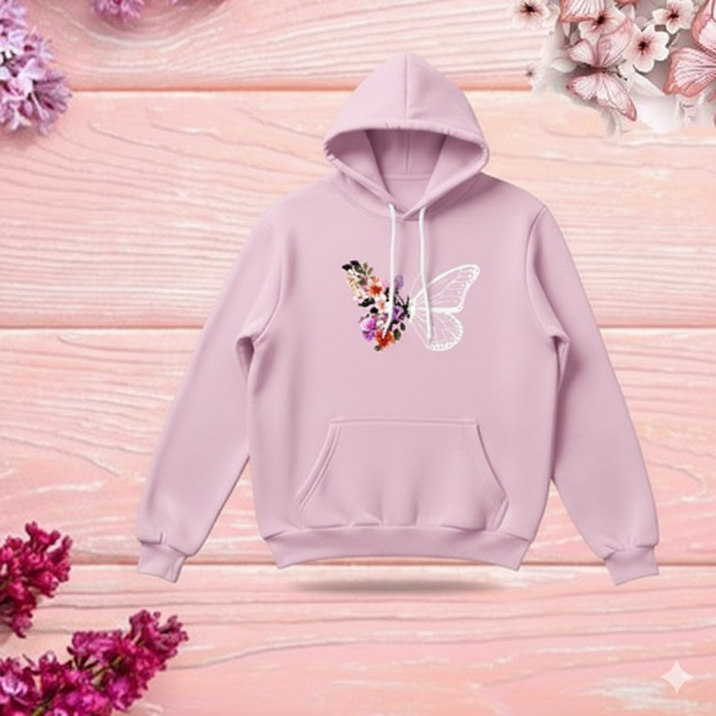 Premium Comfortable Stylish (Butterflies & Flowers-Pink) Ladies winter hoodie