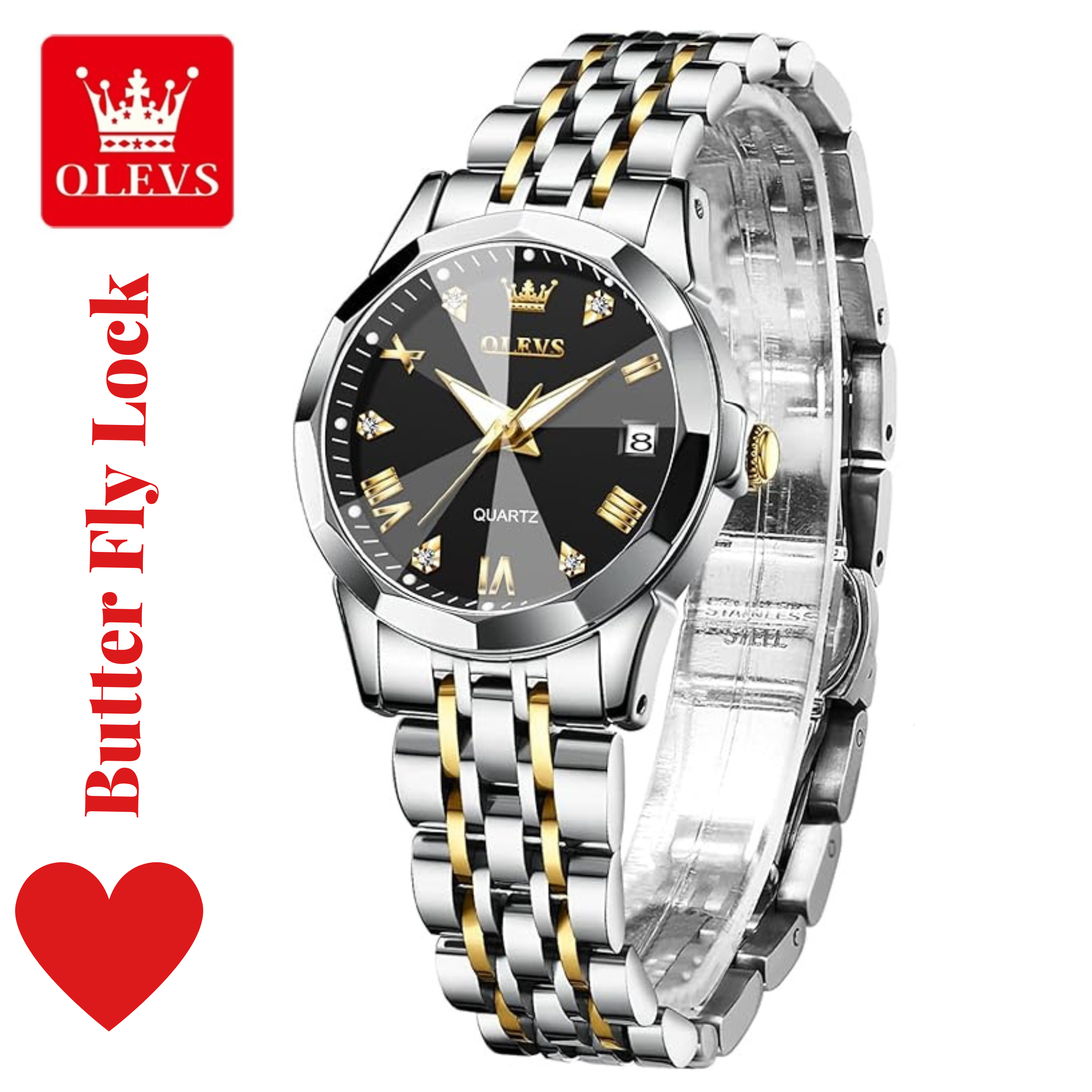 Butter Fly Lock OLEVS Watch for Women Black Dail