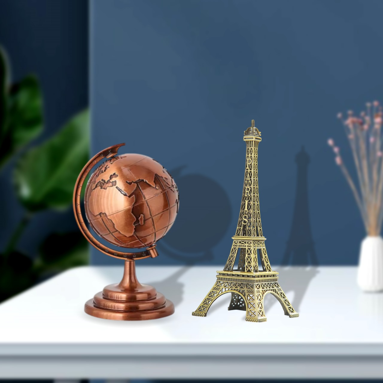 World Map 3D Rotating Glove Decoration Bronze Color & Eiffel Tower Metal Showpiece Decoration Gift