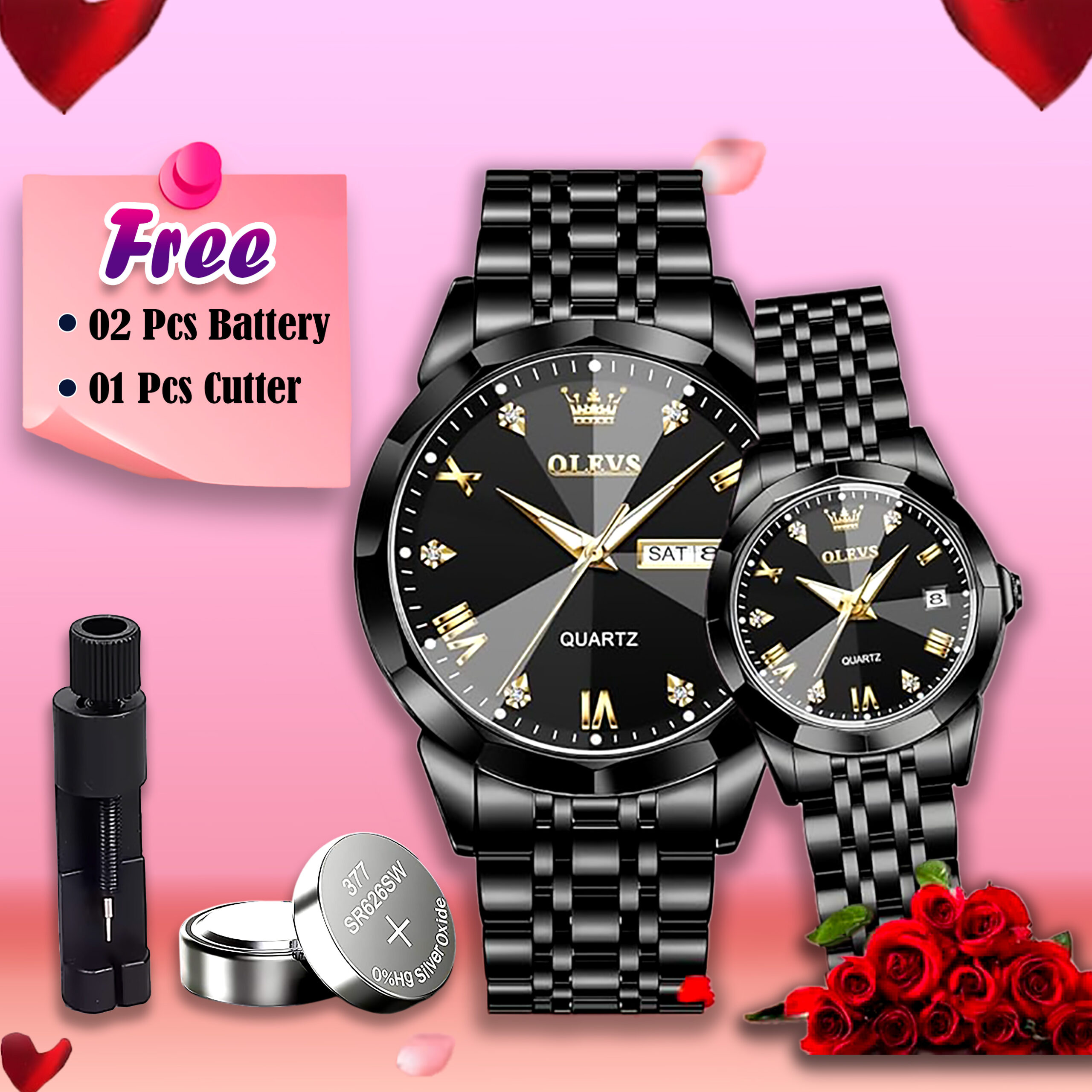 Butter Fly Lock Olievs Stainless Steel fashionable Couple watches +1pcs chain cutter+ 2 pcs battery Full Black