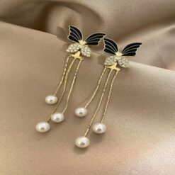 Cubic Zirconia Decor Butterfly & Faux Pearl Drop Earrings